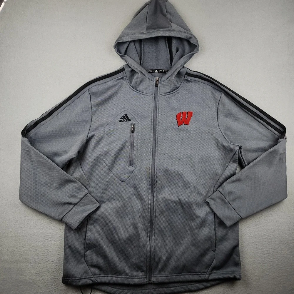 Wisconsin Badgers Jacket Mens Large Gray NCAA Adidas ClimaWarm Fleece Hooded